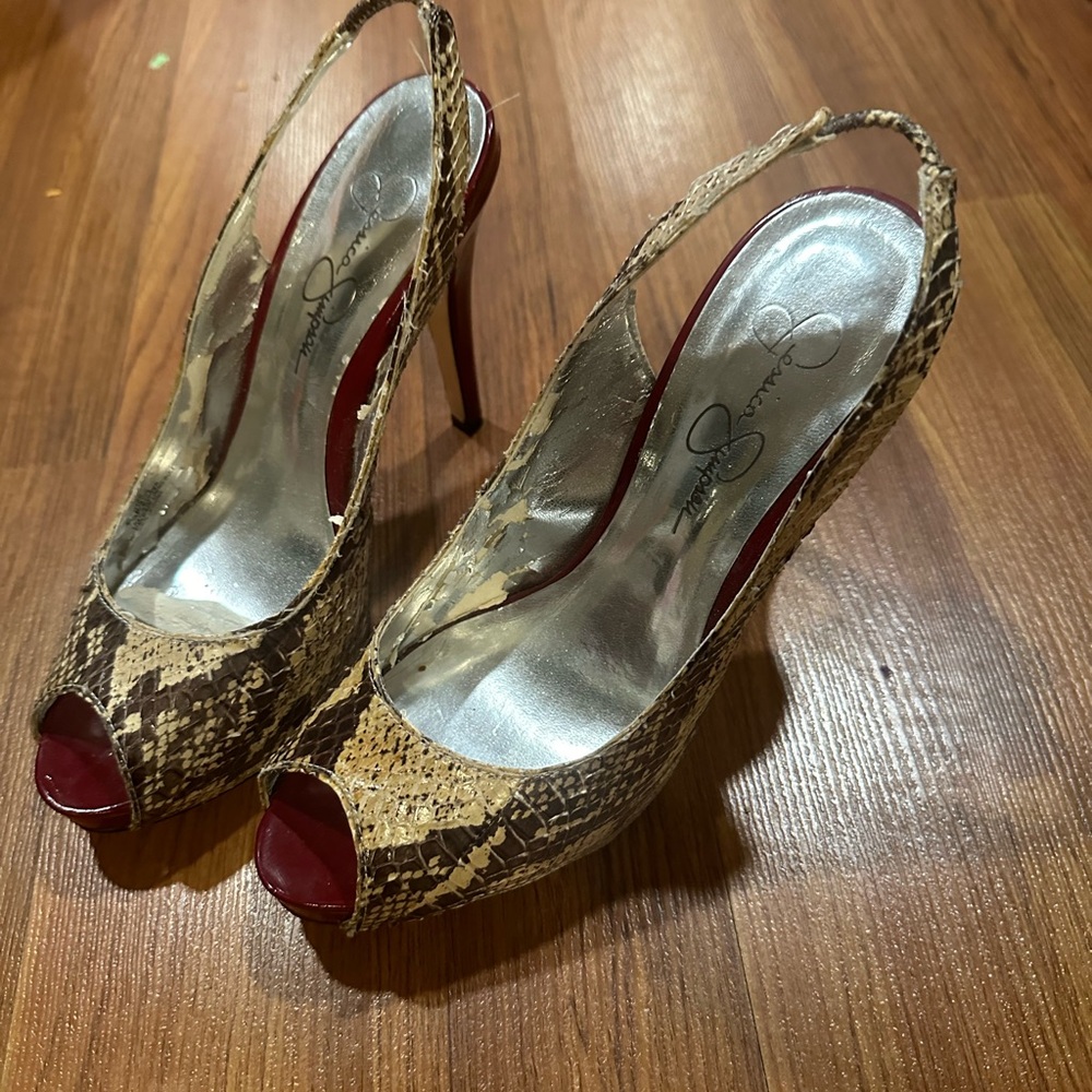 Jessica Simpson peep toe snake skin and red patent heel size 7.5